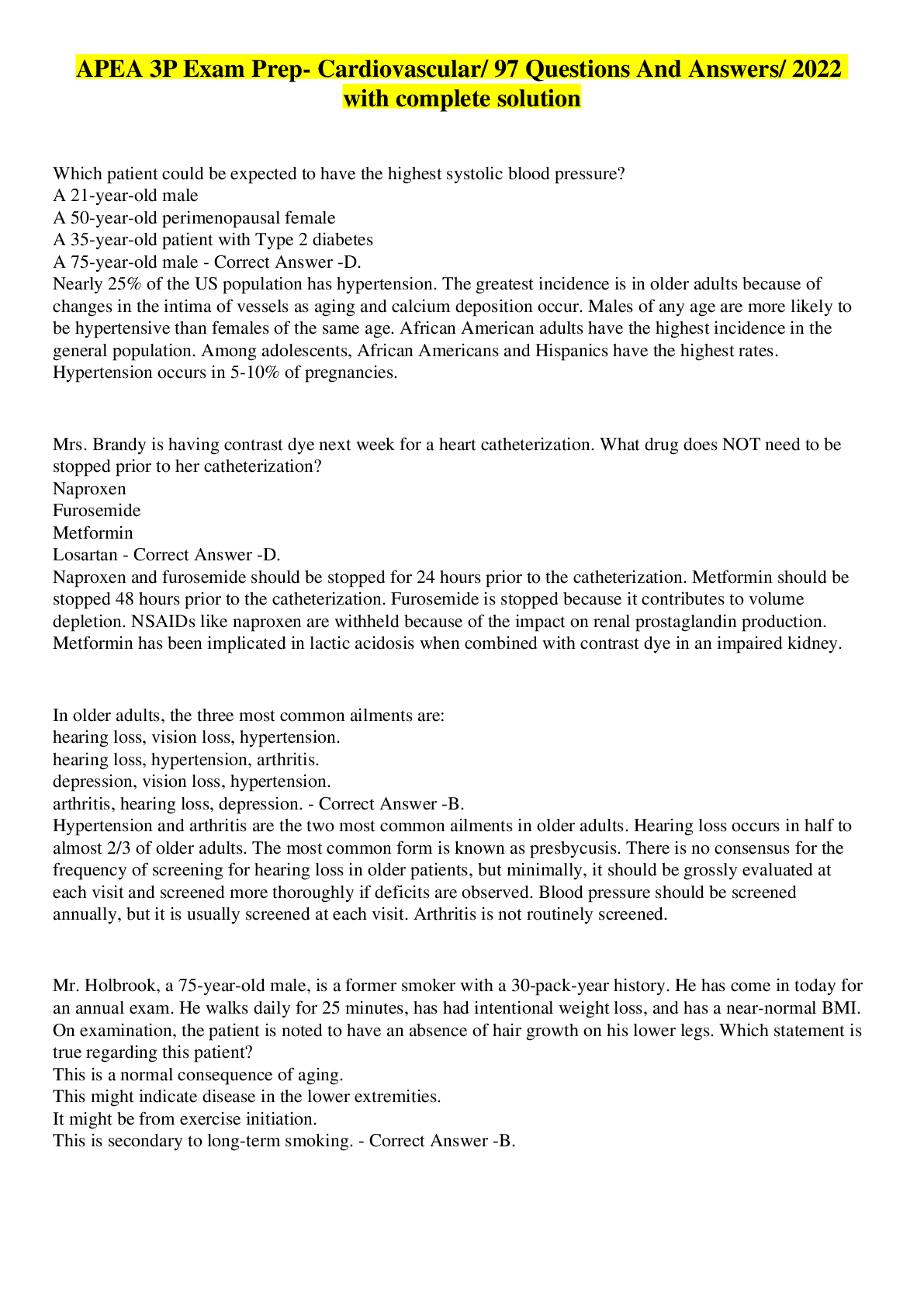 APEA 3P Exam Prep- Cardiovascular/ 97 Questions And Answers/ 2022 with